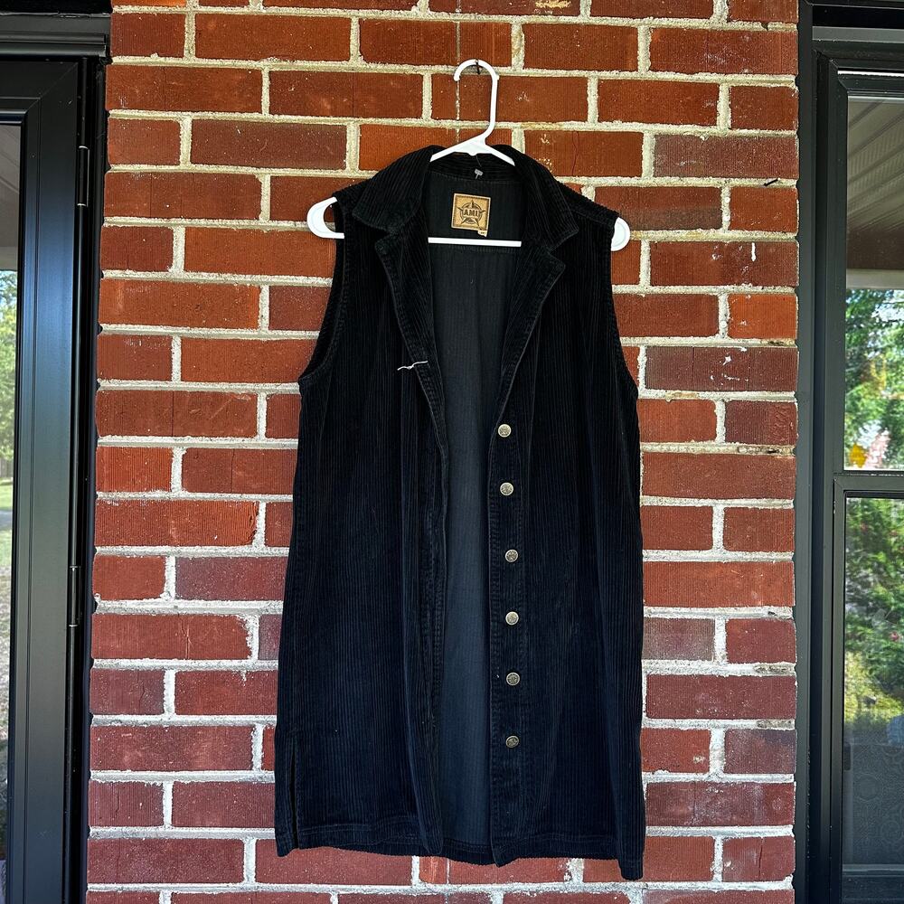 Vintage AMI Black Corduroy Longline Button Front Vest Western Grunge